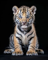 Obraz premium the baby Siberian Tiger, portrait view, white copy space on right, Isolated on black Background