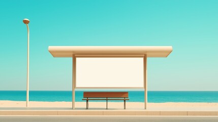 A minimalist bus stop with a bench overlooking a serene beach under a clear blue sky during midday.