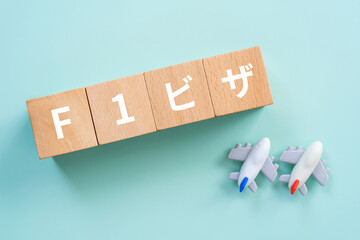 F1ビザの文字が入ったブロックと飛行機