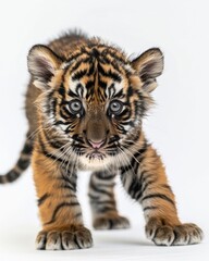 Fototapeta premium the baby Sumatran Tiger, portrait view, white copy space on right, Isolated on white Background
