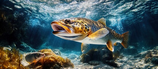 A large brown trout swims in clear blue water with its mouth open, near rocks and seaweed.