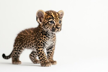 Naklejka premium the beside view baby African Leopard standing, left side view, low angle, white copy space on right, Isolated on White Background