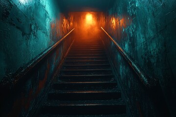 A dimly lit staircase leading upwards with a glow at the end