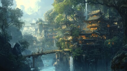 Fototapeta premium Fantasy Village in the Mountains
