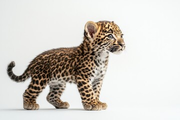 Naklejka premium the beside view baby Indian Leopard standing, left side view, low angle, white copy space on right, Isolated on White Background