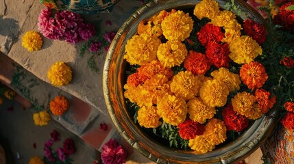 Fototapeta premium Vibrant Marigolds in Decorative Bowl