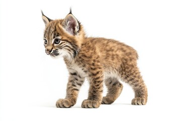 the beside view baby Lynx canadensis standing, left side view, low angle, white copy space on right, Isolated on White Background