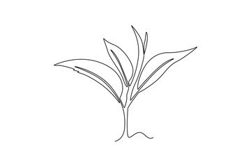 Single one line drawing of whole healthy organic tea leaf for herbal drink logo identity. Fresh nature concept for tea plantation icon. Modern continuous line draw design graphic vector illustration