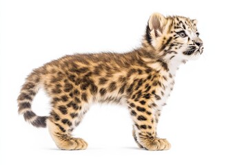 Obraz premium the beside view baby Snow Leopard standing, left side view, low angle, white copy space on right, Isolated on White Background