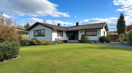 Modern White Ranch Style Home with Green Grass and a Blue Sky