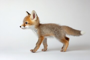 Obraz premium the beside view baby Swift Fox standing, left side view, low angle, white copy space on right, Isolated on White Background