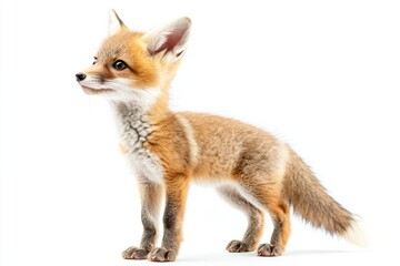 the beside view baby Swift Fox standing, left side view, low angle, white copy space on right, Isolated on White Background