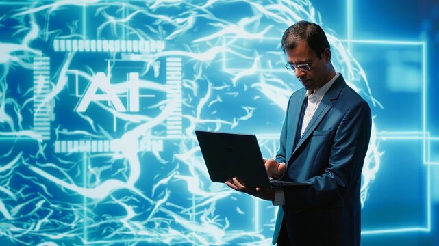 Computer scientist using laptop to implement artificial intelligence parallel processing, breaking up complex computational tasks enabling AI systems to process more input data faster, camera A