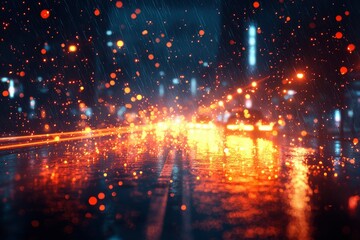 Fototapeta premium Rain-soaked city street at night, illuminated by glowing headlights and streetlights.