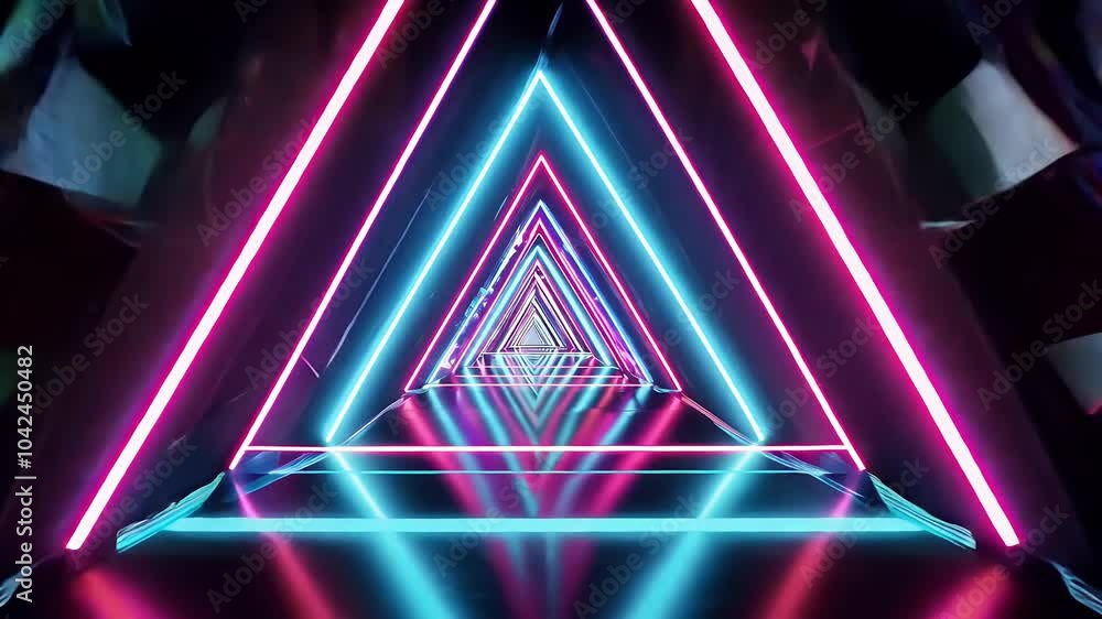 Wall mural fly captivating tunnel glowing rotating neon triangles creating mesmerizing visual spectrum blue pur