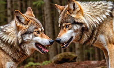 Obraz premium two wolves love in the forest
