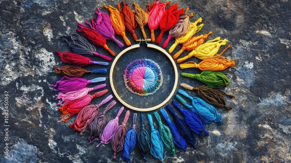 Poster colorful threads arranged in a circular pattern
