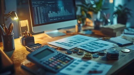 Obraz premium Home office desk with financial reports and computer