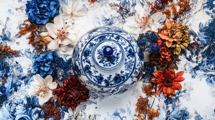 Fototapeta premium Floral Arrangement with Blue and White Decorative Bowl
