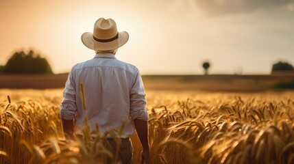 Man in Straw Hat Observing Wheat Field - Symbolizing Sustainable Agriculture