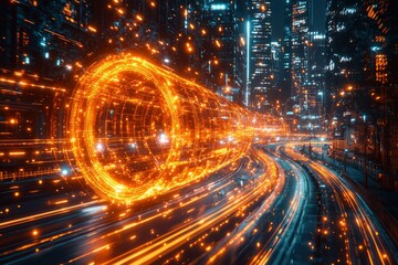 Futuristic Cityscape with Glowing Tunnel and Light Trails