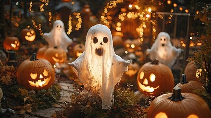 Halloween Decoration with Jack O Lantern Pumpkins and Glowing Ghosts