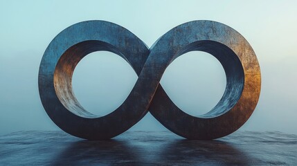 The sculpture, shaped like an infinity symbol, is prominently displayed on a solid platform, bathed in the soft glow of sunrise, enveloped by a peaceful mist that enhances its elegance.