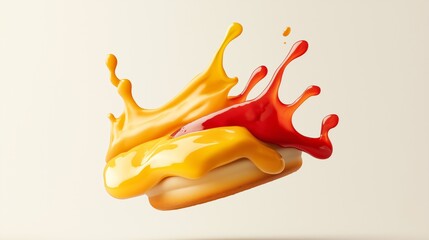 Fototapeta premium A vibrant splash of yellow mustard and red ketchup on a simple donut creating an artistic food composition.