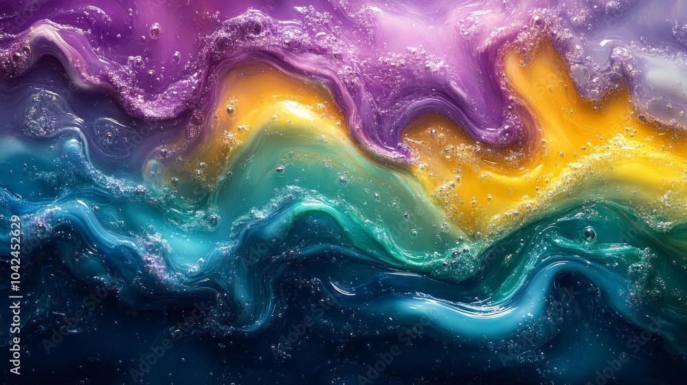 Poster this artwork features a mesmerizing mixture of vibrant liquid colors, creating dynamic swirls and bu