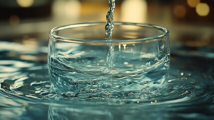 Water pouring in a graceful arc from a tilted glass, creating soft ripples below, water pouring, elegant and peaceful