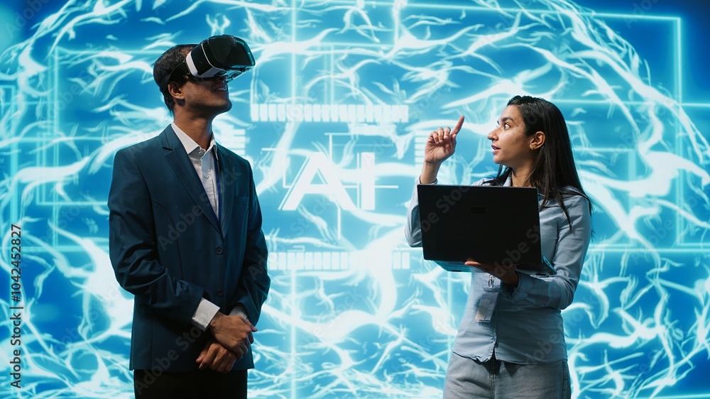 Poster engineers use vr smart goggles and ai neural networks to solve company problems. it experts using ar