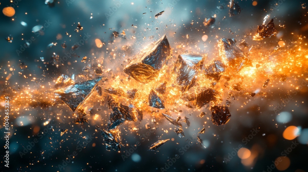 Poster a dramatic explosion showcases metallic shards scattering through a vibrant burst of orange and blue