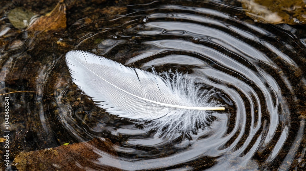 Poster feather floating on water surface creating ripples