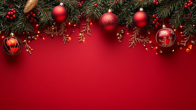 Red Christmas ornaments with evergreen branches and lights on red background