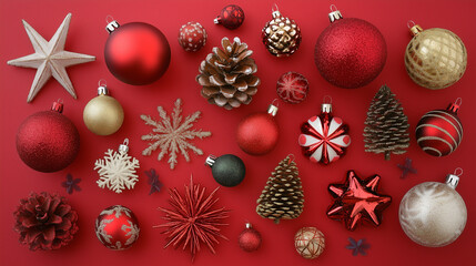 Christmas ornaments and decorations on red background