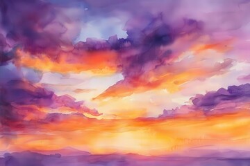 Obraz premium Watercolor Painting of a Sunset with Purple and Orange Clouds