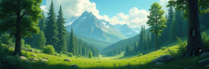 A breathtaking panoramic view of a lush valley surrounded by majestic mountains and dense forests, capturing the essence of nature's beauty and tranquility.