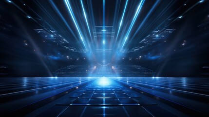 The stage is lit with blue lights and light beams on the dark background