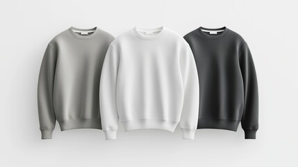 Soft cotton sweatshirts displayed in neutral tones of white, gray, and black against white background.