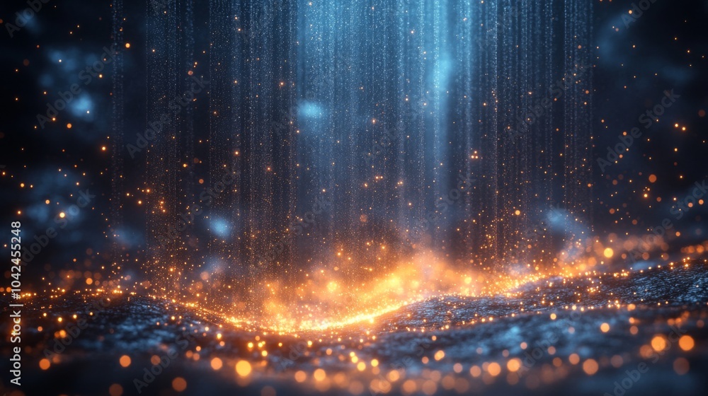 Aufkleber Light cascades through falling water, creating an ethereal ambiance with sparkling particles emerging from a dark surface, inviting a sense of calm.