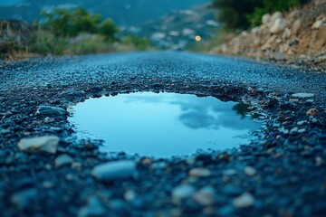 A Small Puddle on a Gravel Road Reflecting the Sky