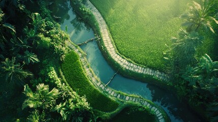 Serene Path Through Lush Green Rice Fields