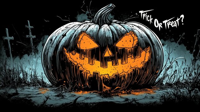 Calabaza macabra de Halloween con cartel Truco o trato.