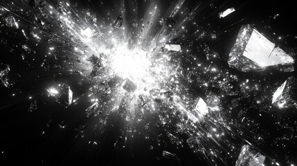 Brilliant shards of crystal burst forth in a glowing spectacle, casting dazzling reflections across a dark backdrop, creating a mesmerizing effect.