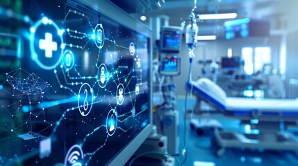 A medical monitor with a glowing blue interface showing an abstract network of medical symbols against a blurred background of a hospital room.