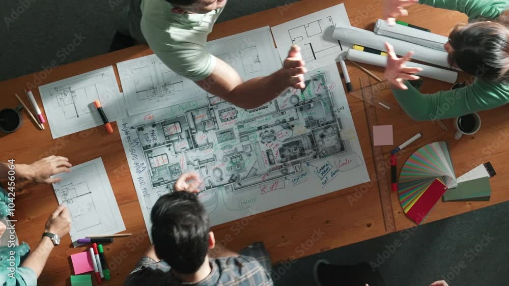 Poster top view of civil engineer team clapping hands while giving high five at meeting table with color pa