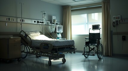 An empty hospital room with a bed, a wheelchair, and a window letting in natural light.