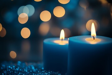 A captivating image blue candles illuminating a dark space with festive lights.