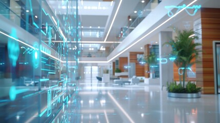 A modern office lobby with a futuristic, digital overlay. The glass wall is filled with abstract blue patterns and icons, evoking a sense of innovation and progress.