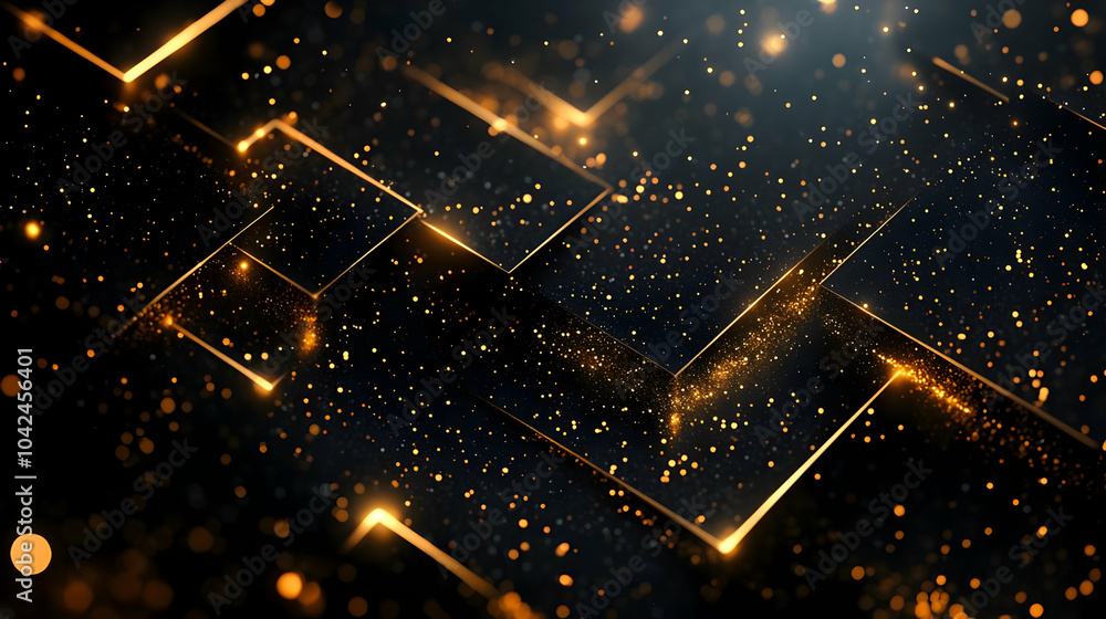 Poster abstract golden particles and lines creating a digital background.